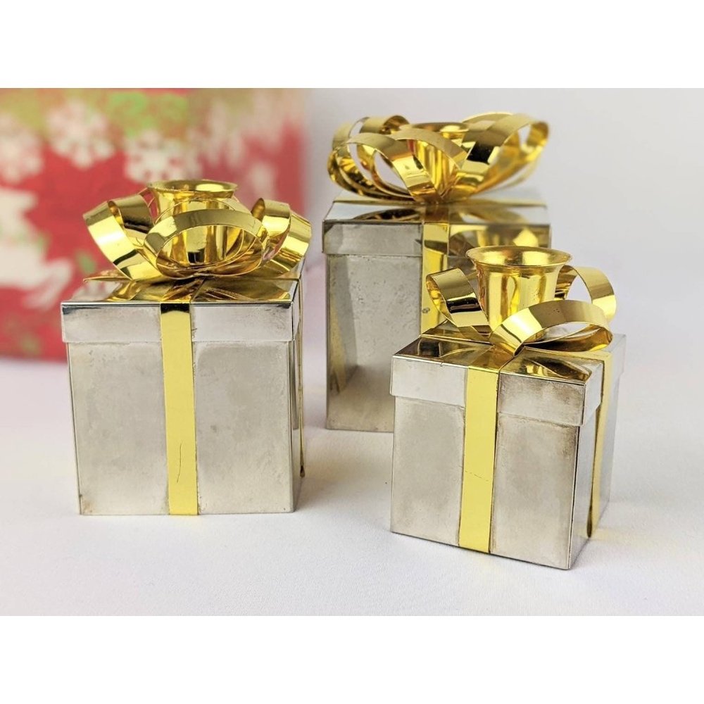 Set of 3 Vtg Silver Gold Taper Candle Holders Gift Boxes Christmas Holiday Decor